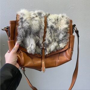 Faux-Fur Flap Crossbody Bag in Cognac